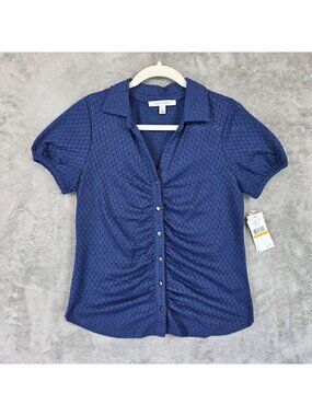 Single Thread Blouse Womens S Blue Collared Short Puff Sleeve Ruched Button